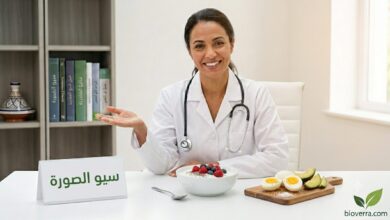 Dr. Sophia from Bioverra presenting high-protein breakfast options, including Greek yogurt with berries and halved eggs with avocado, in a clinic setting.