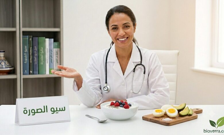 Dr. Sophia from Bioverra presenting high-protein breakfast options, including Greek yogurt with berries and halved eggs with avocado, in a clinic setting.