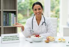 Dr. Sophia presenting a variety of healthy snacks for weight loss on a white clinic desk, including a bowl of yogurt with raspberries, sliced apples with peanut butter, and boiled eggs.