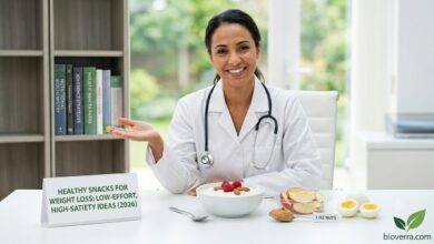 Dr. Sophia presenting a variety of healthy snacks for weight loss on a white clinic desk, including a bowl of yogurt with raspberries, sliced apples with peanut butter, and boiled eggs.