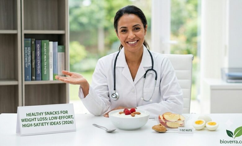 Dr. Sophia presenting a variety of healthy snacks for weight loss on a white clinic desk, including a bowl of yogurt with raspberries, sliced apples with peanut butter, and boiled eggs.