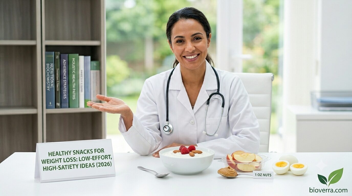 Dr. Sophia presenting a variety of healthy snacks for weight loss on a white clinic desk, including a bowl of yogurt with raspberries, sliced apples with peanut butter, and boiled eggs.