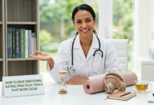 Dr. Sophia showcasing mindful, non-food coping tools including an hourglass, headphones, a journal, and herbal tea to explain how to stop emotional eating.