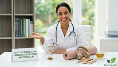 Dr. Sophia showcasing mindful, non-food coping tools including an hourglass, headphones, a journal, and herbal tea to explain how to stop emotional eating.