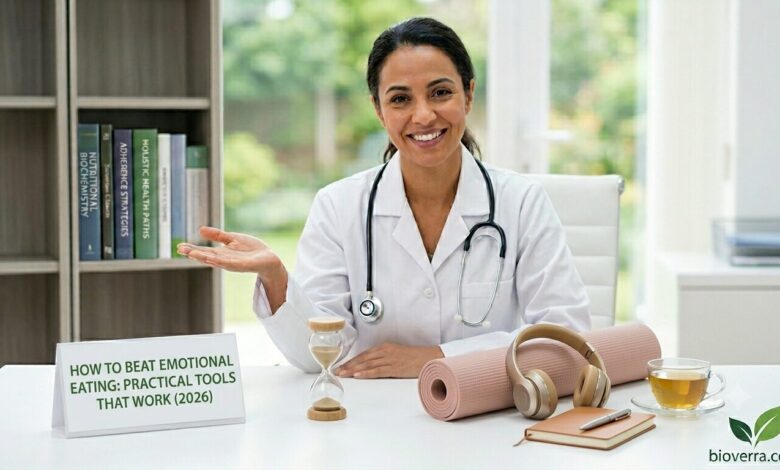 Dr. Sophia showcasing mindful, non-food coping tools including an hourglass, headphones, a journal, and herbal tea to explain how to stop emotional eating.