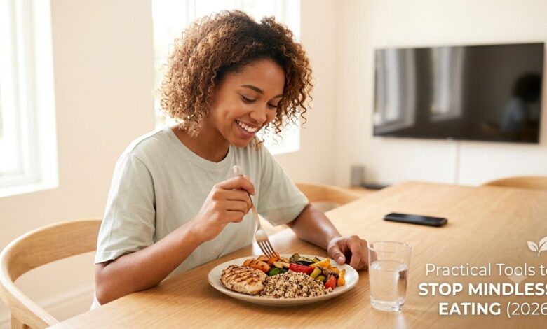 A smiling young woman sitting at a bright, well-lit wooden dining table, focusing intentionally on eating a healthy plate of grilled chicken, quinoa, and vegetables while keeping her smartphone and TV turned off in the background.