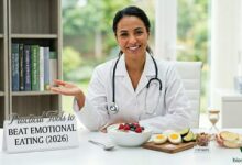 Doctor Sophia, in a professional white coat and stethoscope, presents a desk arranged with a yogurt bowl, eggs, avocado, nuts, and a timer to explain practical tools to beat emotional eating.