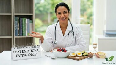 Doctor Sophia, in a professional white coat and stethoscope, presents a desk arranged with a yogurt bowl, eggs, avocado, nuts, and a timer to explain practical tools to beat emotional eating.