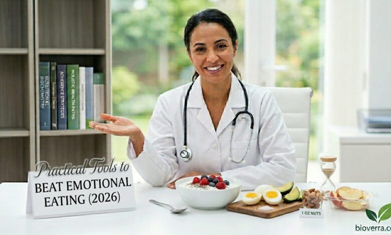 Doctor Sophia, in a professional white coat and stethoscope, presents a desk arranged with a yogurt bowl, eggs, avocado, nuts, and a timer to explain practical tools to beat emotional eating.
