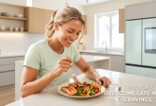 A cheerful blonde woman sitting at a clean, white modern kitchen counter, smiling while enjoying a balanced plate of salmon, quinoa, and colorful roasted vegetables. In the background, a sleek, state-of-the-art smart refrigerator with a digital screen is visible. Natural light floods the bright, open-plan kitchen, reinforcing a sense of mindful and intentional evening eating habits, free from distractions.