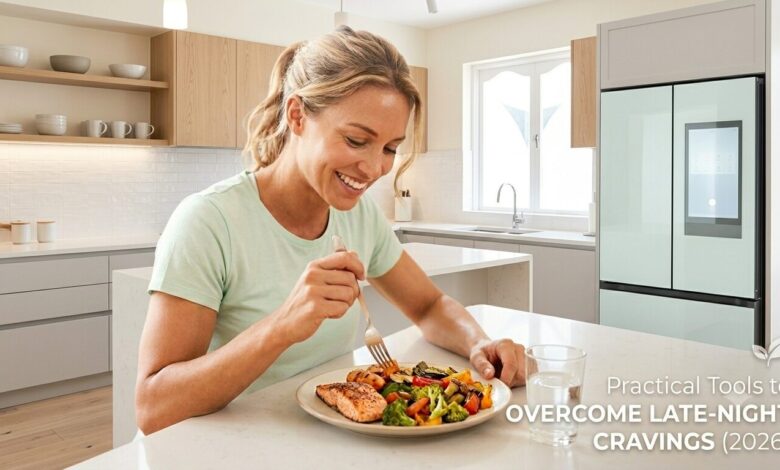 A cheerful blonde woman sitting at a clean, white modern kitchen counter, smiling while enjoying a balanced plate of salmon, quinoa, and colorful roasted vegetables. In the background, a sleek, state-of-the-art smart refrigerator with a digital screen is visible. Natural light floods the bright, open-plan kitchen, reinforcing a sense of mindful and intentional evening eating habits, free from distractions.